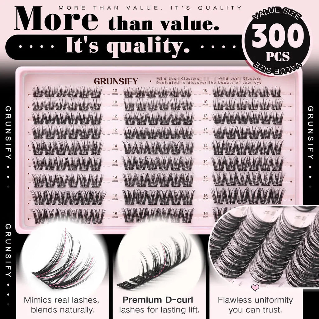 Grunsify Wispy Cluster Lashes, Naturally Blended, 10-16mm, Fluffy and Lightweight, Suitable for Everyday Makeup Applications.